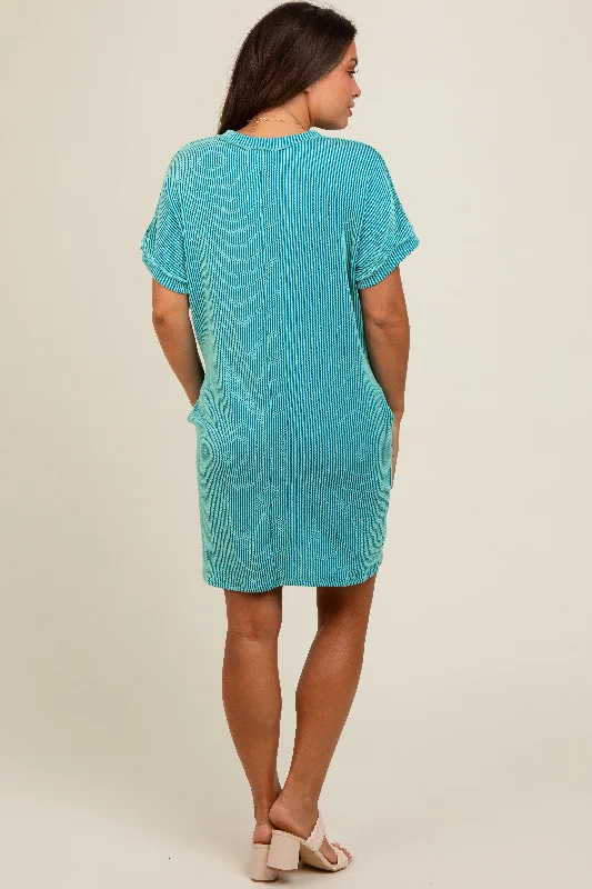 Turquoise Ribbed Rolled Cuff Maternity Dress