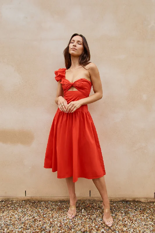 Vibrant Rendezvous One Shoulder Midi Dress Red