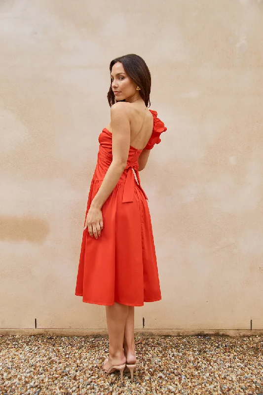 Vibrant Rendezvous One Shoulder Midi Dress Red