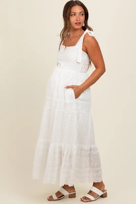 White Embroidered Eyelet Lace Maternity Maxi Dress