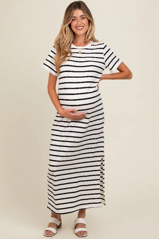 White Striped Side Slit Maternity Maxi Dress