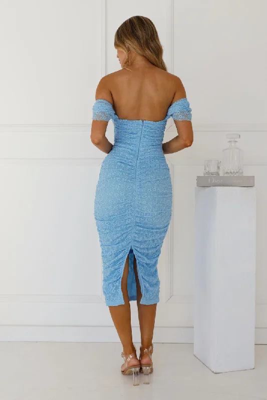 Wonder Beauty Off Shoulder Mesh Midi Dress Blue