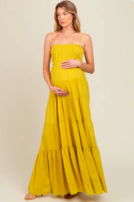 Yellow Smocked Cutout Maternity Maxi Dress