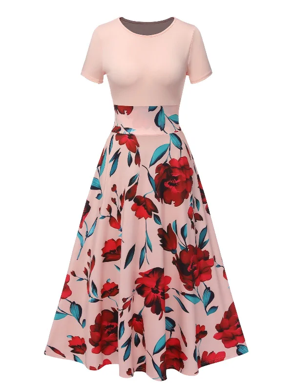 Mermaid - Style Women Dress with a Fitted Silhouette for Special Occasions 1970s Round Neck Floral Patchwork Dress