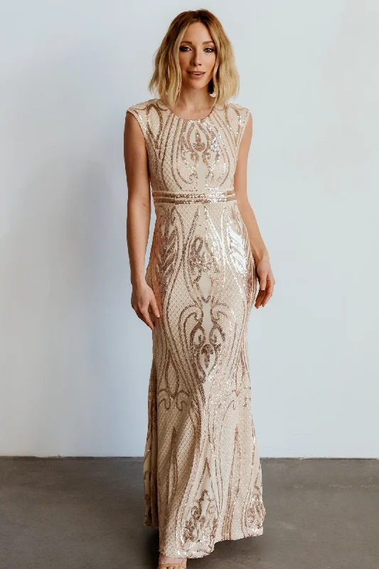 Off - the - Shoulder Women Dress for a Romantic and Feminine Look Alessia Sequin Gown | Champagne