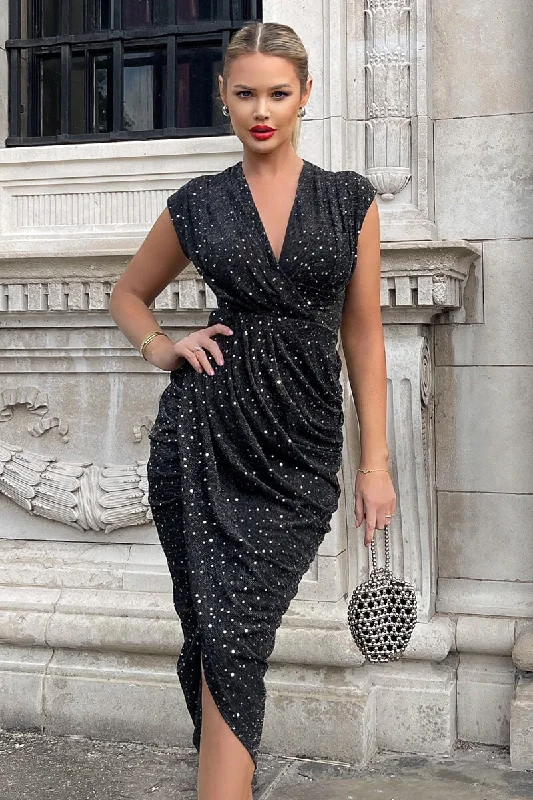 Empire Waist Women Dress to Accentuate the Bust and Conceal the Waist Black Glitter Wrap Draped Midi Dress Empire Waist Women Dress to Accentuate the Bust and Conceal the Waist Black Glitter Wrap Draped Midi Dress