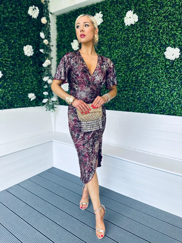 Strapless Women Dress with a Built - in Bra for Comfort and Support Isla Metallic Midi Dress Gold & Wine Strapless Women Dress with a Built - in Bra for Comfort and Support Isla Metallic Midi Dress Gold & Wine
