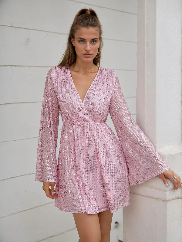 Little Black Women Dress with Sequins for a Glamorous Night Out Pale Pink 1980s Bell Sleeve Sequined Dress