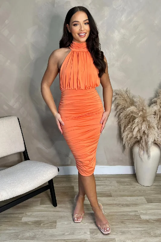 Off - the - Shoulder Women Dress for a Romantic and Feminine Look Peach Ruched High Neck Midi Dress