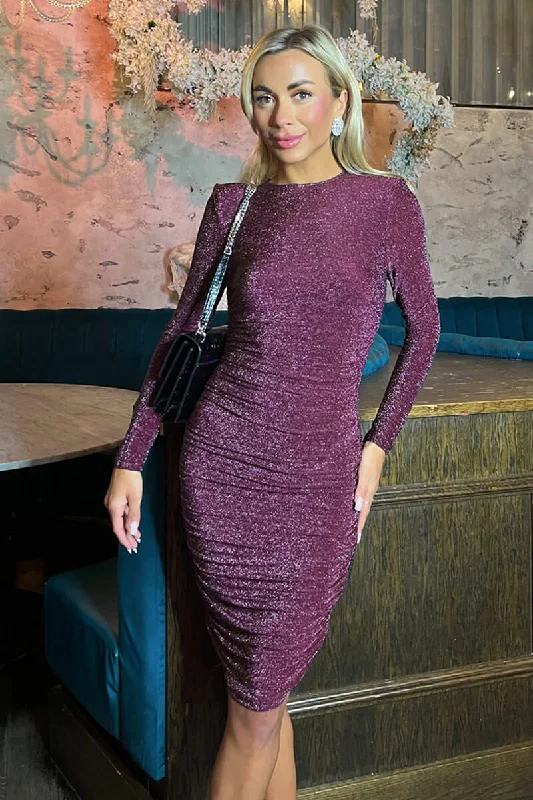 Ball Gown Women Dress with a Full Skirt for a Princess - like Look Plum Sparkly Long Sleeve Ruched Midi Bodycon Dress Ball Gown Women Dress with a Full Skirt for a Princess - like Look Plum Sparkly Long Sleeve Ruched Midi Bodycon Dress