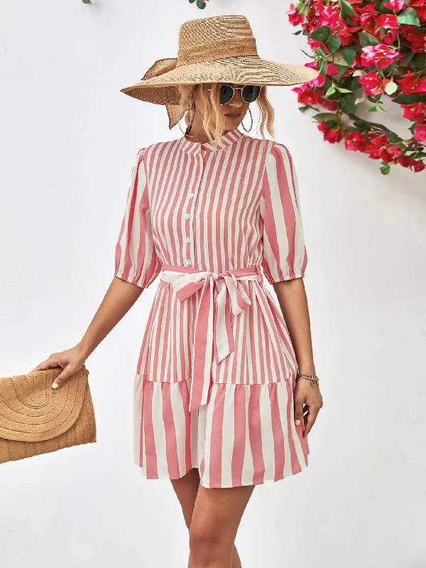 Mermaid - Style Women Dress with a Fitted Silhouette for Special Occasions Striped Half Sleeve Tie Waist Mini Dress Mermaid - Style Women Dress with a Fitted Silhouette for Special Occasions Striped Half Sleeve Tie Waist Mini Dress