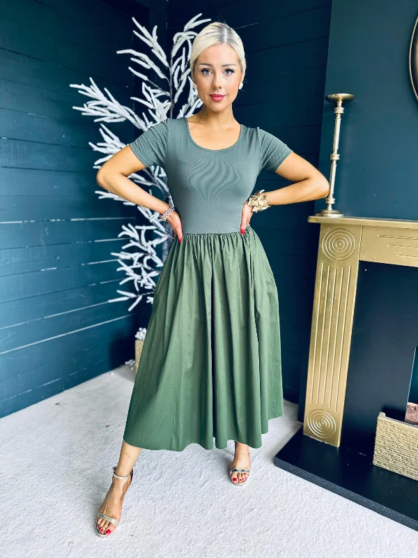 Ruffled Women Dress with Multiple Layers for a Playful and Girly Style Tami Knit Top Midi Dress Khaki