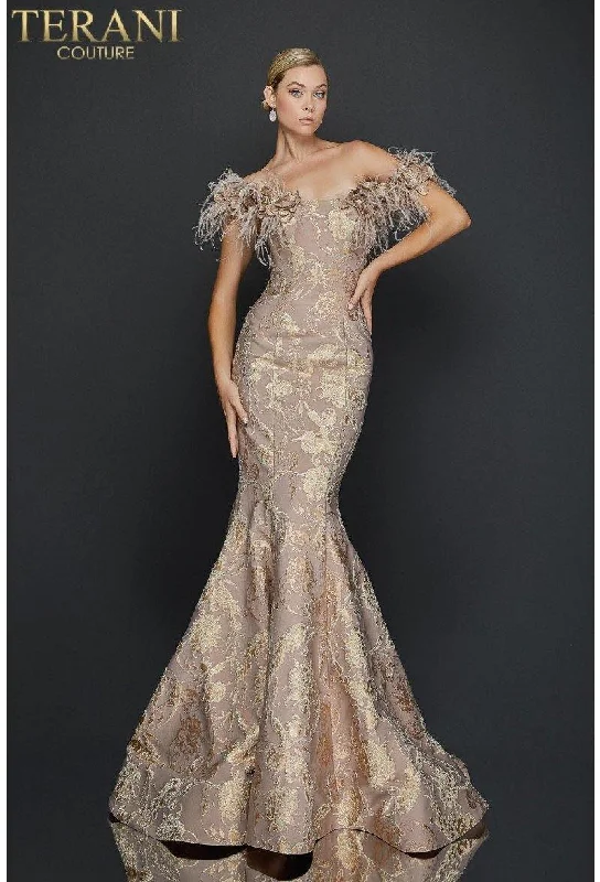 Maxi dresses with cold - shoulder cutouts for a trendy look Champagne 8 Terani Couture 1921E0136 Long Formal Prom Dress Sale
