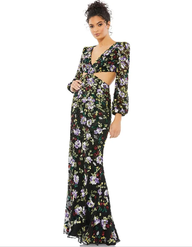 Ruffled maxi dresses with a tiered skirt for added volume Black Multi 10 Mac Duggal 5566 Long Sleeve Floral Formal Dress Sale