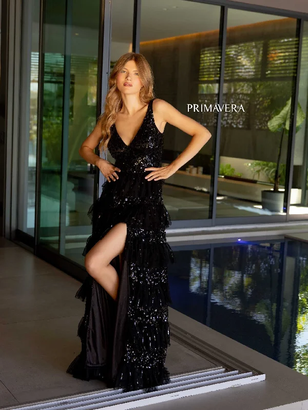 Sequined maxi dresses for formal evening galas Primavera Couture 4142 Long A Line Formal Prom Dress