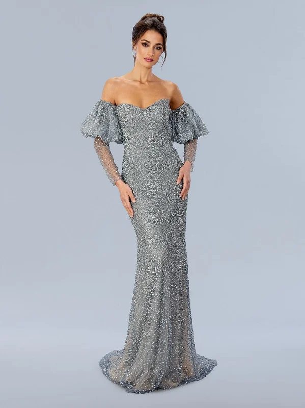 Polyester maxi dresses for easy - care and durability Stella Couture 24330 Long Formal Detachable Sleeve Prom Dress